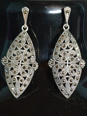 Rare Vintage Victorian Revival Marcasite Sterling Silver Filigree Floral Earring